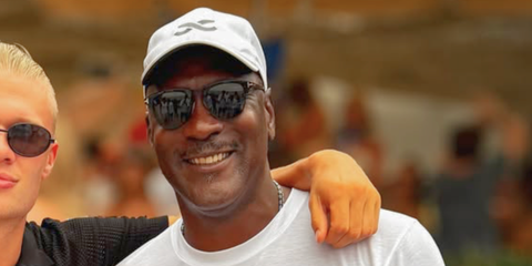 Basketball legend Michael Jordan was seen wearing dark tortoise Tom Ford Henry TF248 52A clubmaster-style sunglasses in Erlind Haaland's Instagram post, August 2026