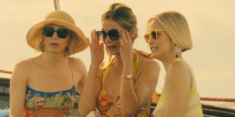 Michelle Monaghan (pictured center) was seen wearing Tom Ford Joanna TF1039 01B butterfly sunglasses in The White Lotus season 3 episode 1 as Jaclyn Lemon