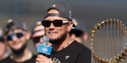 Venezuelan baseball player Miguel Rojas was seen wearing black and white Prada PR B05S 09Q08Z Symbole sunglasses during the 2025 Dodgers World Series Celebration in November 2025.