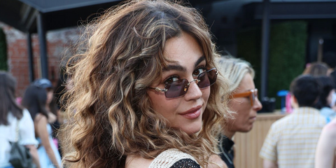 Off Campus star Mika Abdalla was seen wearing gold Miu Miu MU B50S 5AK20I rimless sunglasses with purple brown lenses at the Prime Video's Obsessed Fest Pre-Reception in Los Angeles, June 2026