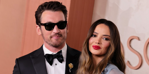 Miles Teller was seen wearing black Ray-Ban Mega Wayfarer RB 0840S 901/31 sunglasses with green lenses to attend the 2025 Oscars - Academy Awards