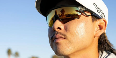 Australian professional golfer Min Woo Lee was seen wearing black Oakley Sphaera Slash OO9499 08 sunglasses with 24k gold Prizm Polarised in his Instagram post, February 2025. Shop online now on Pretavoir