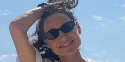 Actress Minnie Driver was seen wearing black Prada PR 26ZS 16K08Z cat eye sunglasses in her Instagram post, August 2025. Shop online now on Pretavoir
