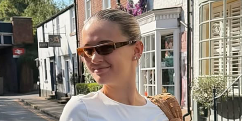 Molly-Mae Hague was seen wearing brown Miu Miu MU B07S 22I10R sunglasses in her Instagram post, May 2026.