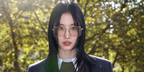 Japanese singer Momo Hirai of K-Pop group Twice wore chamagne gold Miu Miu MU C53S 27T10W square sunglasses with clear lenses at the Miu Miu Spring Summer 2027 show during Paris Fashion Week.