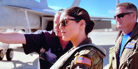 Monica Barbaro is seen wearing Ray-Ban 2180 710/73 Round in 'Top Gun: Maverick'