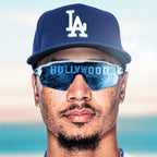 Baseball player Mookie Betts was seen waring white and blue Oakley Radar EV Path OO9208 57 sunglasses in a Major League Baseball tweet commemorating his appointment at Los Angeles Dodgers