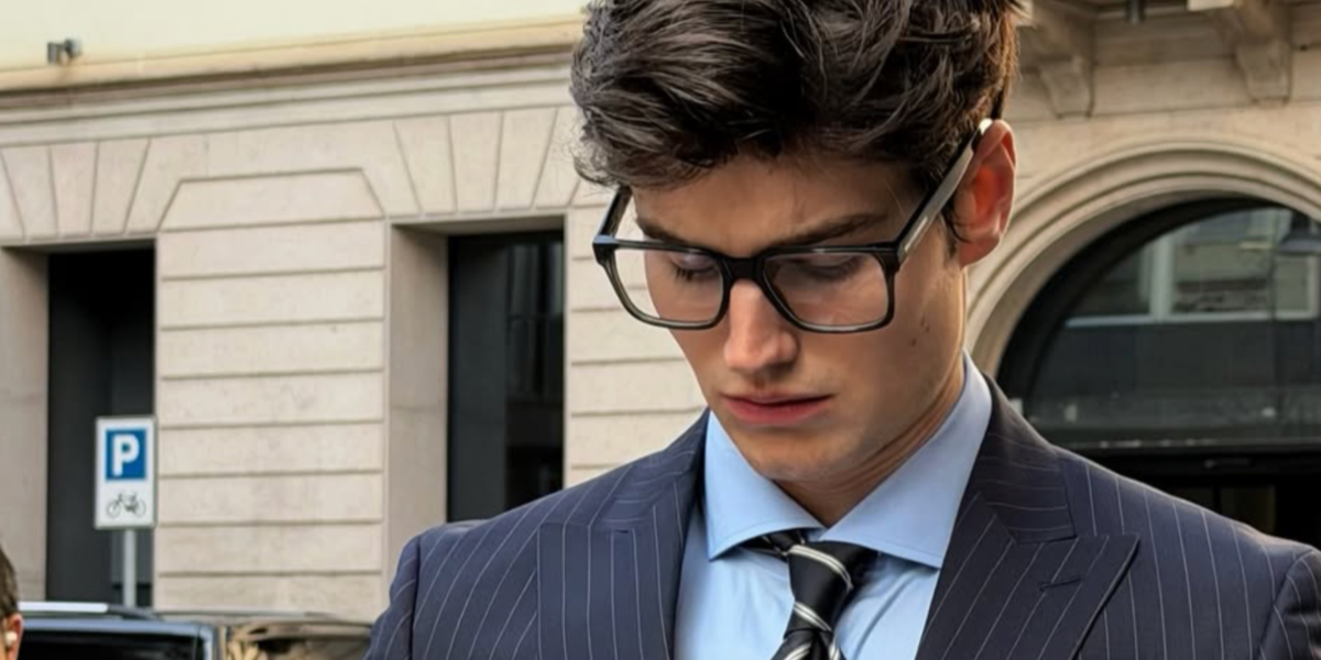 German content creator Moriz Hau was seen wearing black Hugo Boss 1898 807 square glasses at the BOSS Fall/Winter 2026 fashion show during Milan Fashion Week.