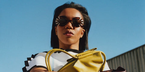 Naomi Ackie was seen wearing white striped tortoiseshell Loewe Chunky LW40091I 56E round sunglasses in a fashion editorial page of Puss Puss Magazine