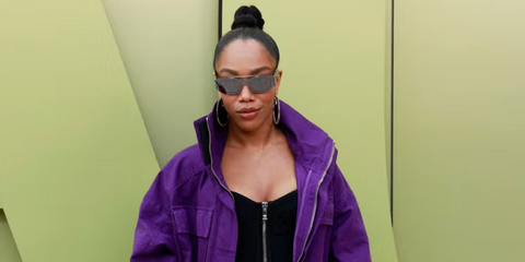 Naomi Ackie was seen wearing grey Versace 2235 1001/6G rectangular sunglasses with silver mirror lenses to attend the Versace Fall/Winter 2023 fashion show in West Hollywood, California