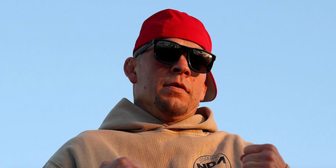 Mixed martial artist Nate Diaz was seen wearing black Gucci GG0010S 001 sunglasses during the Open Workout for Netflix's Ronda Rousey vs. Gina Carano at Venice Beach in California, May 2026.