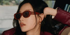 Ni Ni was seen modeling red burgundy Gucci GG1829SK 003 square sunglasses in the Gucci Spring/Summer 2025 eyewear campaign