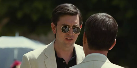 Actor Nicholas Braun was seen wearing Ray-Ban Round Metal 3447 001 sunglasses in Succession, season 3 episode 9, as Greg Hirsch.