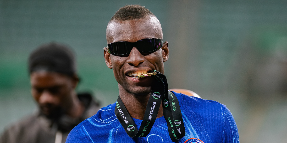 Senegalese footballer Nicolas Jackson of Chelsea FC was seen wearing black Prada PR A14S 1AB5S0 wraparound sunglasses following the team's victory in the UEFA Conference League Final 2025.