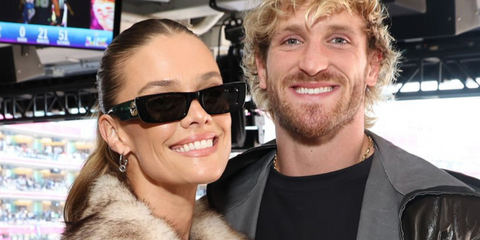 Danish supermodel Nina Agdal, pictured with husband Logan Paul, was seen wearing black Gucci GG0516S 001 sunglasses at the Super Bowl LX in San Francisco, February 2026.