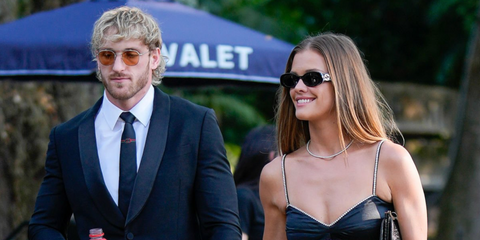 Nina Agdal, pictured with Logan Paul, was seen wearing black Gucci GG0517S 001 sunglasses in Miami, March 2023