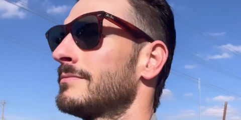 American model Parker Gregory was seen wearing tortoiseshell Ray-Ban Blaze Wayfarer RB 4440N 710/13 sunglasses in his Instagram post