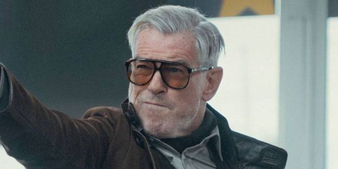 Pierce Brosnan was seen wearing tortoise Saint Laurent Sun SL 596 Dune 003 aviator sunglasses with light brown lenses in the Mobland season 2 teaser.