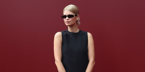 Pixie Geldof was seen wearing black Gucci GG1661S 001 rectangular sunglasses to attend the Gucci Spring/Summer 2025 fashion show during Milan Fashion Week