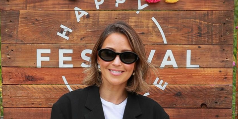 Rachel Stevens of S Club 7 was seen wearing black Saint Laurent Sun SL M136 001 oval sunglasses at Fearne Cotton's 2024 Happy Place Festival in London, July 2024. Shop online now on Pretavoir