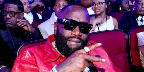 Rick Ross was seen wearing black Versace 4464 GB1/87 square sunglasses at the BET Awards 2026.