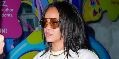 Rihanna was seen wearing metal Miu Miu MU A55S 1BC90Q sunglasses with brown lenses in New York City, May 2026.