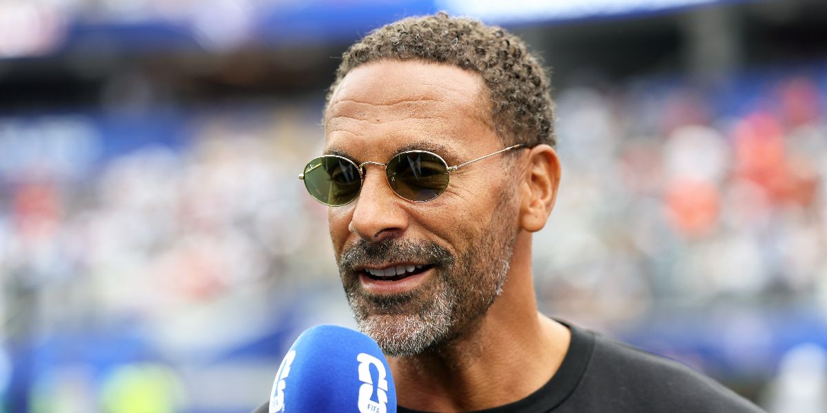 Former footballer Rio Ferdinand was seen wearing gold Ray-Ban Oval RB 3547 001/4E sunglasses with bottle green lenses at the FIFA World Cup 2026