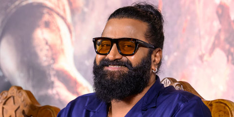 Bollywood actor Rishab Shetty was seen wearing tortoiseshell Tom Ford Lelio TF1207 52E sunglasses with yellow lenses at Kantara Chapter 1 press meet in Kochi, India, September 2025.