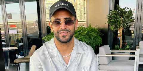 Riyad Mahrez was seen wearing gold Cartier Panthere CT0433S 002 diamond-shaped sunglasses with brown lenses in his Instagram post