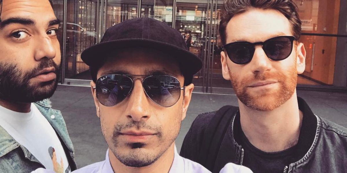 Riz Ahmed, pictured with fellow Swet Shop Boys members Heems and Redinho, was seen wearing grey Ray-Ban Aviator 3025 004/78 sunglasses with Polarised Grey/Blue Gradient lenses ahead of their performance at The New York Times
