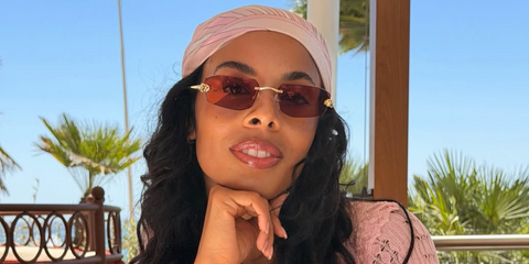 Rochelle Humes was seen wearing gold Cartier Panthere CT0474S 002 rimless geometric sunglasses with red lenses in her Instagram post, August 2026.