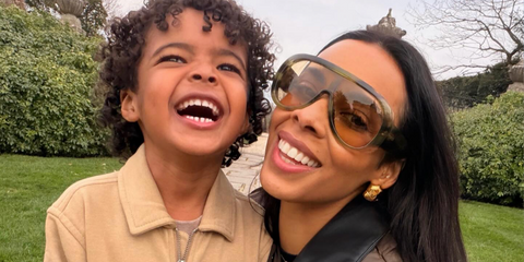 Rochelle Humes was seen wearing green tortoise Gucci GG2164S 006 sunglasses with brown lenses in her birthday post on Instagram, March 2026.