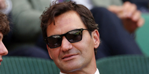 Roger Federer was seen wearing black Oliver Peoples R-19 OV5624SU 1005/27 Photochromic Polarised sunglasses at the Wimbledon Tennis Championship 2026