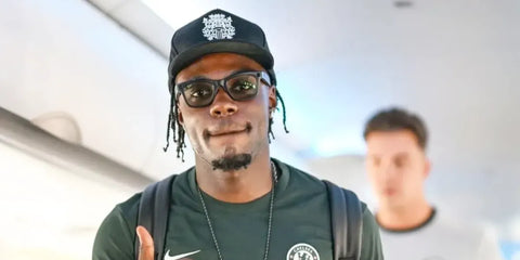Belgian footballer Romeo Lavia of Chelsea FC was seen wearing matte black Ray-Ban Meta Wayfarer Gen 2 RW4012 601S/1Z Photochromic Smart Glasses