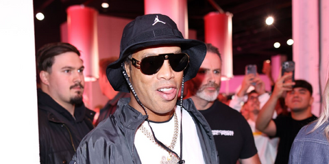 Brazilian former professional footballer Ronaldinho was seen wearing gold Versace 2252 1002/87 aviator sunglasses at NikeTown London, May 2024. Shop online now on Pretavoir