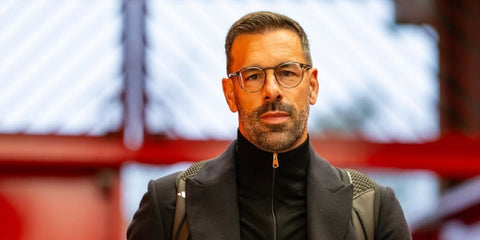 Dutch football legend Ruud van Nistelrooy was seen wearing patterned grey Oliver Peoples Gregory Peck OV5186 1705 optical glasses in his Instagram post, October 2024.