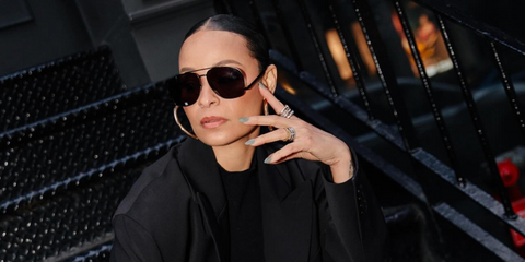 Sai De Silva of Real Housewives of New York City was seen wearing black Saint Laurent Sun SL 653 Leon 002 aviator sunglasses in her Instagram post, February 2024. Shop online now on Pretavoir