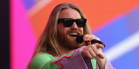 Sam Ryder was seen wearing black Ray-Ban Mega Wayfarer RB 0840S 901/58 Polarised sunglasses onstage at the BBC Radio 2 In The Park 2023.