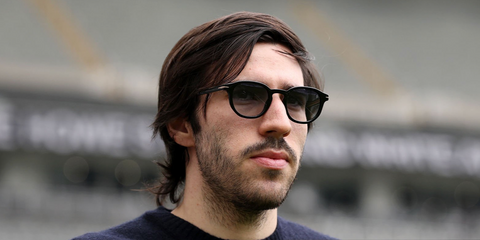 Italian footballer Sandro Tonali of Newcastle United was seen wearing black David Beckham DB 1007/S 80708 sunglasses with blue gradient lenses prior to the Premier League match against Sunderland in March 2026.