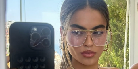 Television personality Sarah Jane Nader was seen wearing gold Bottega Veneta BV1012S 009 sunglasses with clear lenses in her Instagram post, February 2026.