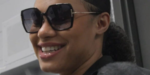 Basketball player Satou Sabally was seen wearing black and gold Tom Ford Joanna TF1039 01B sunglasses with grey gradient lenses ahead of WNBA game in October 2025. Shop online now on Pretavoir