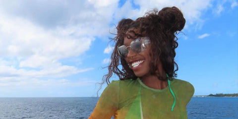Television personality Serena Page of Love Island USA was seen wearing silver Miu Miu Rimless Runway MU 54YS 1BC10F sunglasses with light ivory lenses in Barbados, shared through her Instagram post in March 2025.