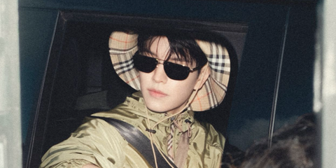 Seungmin of K-Pop group Stray Kids was seen wearing Burberry BE3164 1109/71 sunglasses on the set of Burberry Festival campaign in 2025.