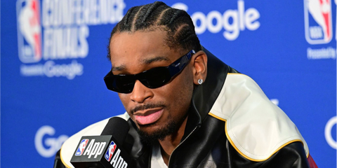 Basketball player Shai Gilgeous-Alexander  of Oklahoma City Thunder was seen wearing black Prada PR B19S 16K08Z sunglasses at a press conference after the game against the San Antonio Spurs during Game Three of the 2026 NBA Western Conference Finals