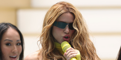 Shakira was seen wearing black Balenciaga BB0041S 001 wraparound sunglasses while performing at the World Cup Opening Ceremony in Mexico, June 2026.