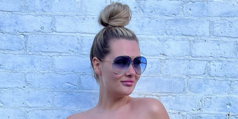 Television personality Shaughna Phillips of Love Island was seen wearing Porsche Design 8478 W Gold Frame - Grad Blue + Brown Lenses aviator sunglasses in her Instagram post, May 2024.