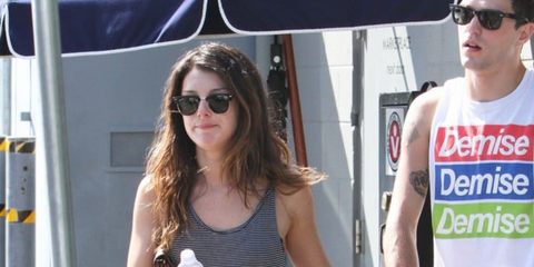 Canadian actress Shenae Grimes, pictured with partner Josh Beech, was seen wearing the iconic Ray-Ban Clubmaster RB 3016 901/58 Polarised half-rim sunglasses