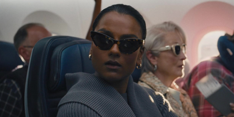 Simone Ashley was seen wearing tortoise Oliver Peoples x Khaite 1951c OV5573SU 1407/73 cat-eye sunglasses in The Devil Wears Prada 2 as Amari.