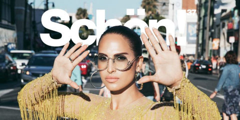 Swedish-Iranian singer-songwriter Snoh Aalegra was seen wearing crystal studded Anna-Karin Karlsson Full Moon White Gold Limited Edition round sunglasses with blue gradient lenses on the Schön! magazine issue 37 digital cover