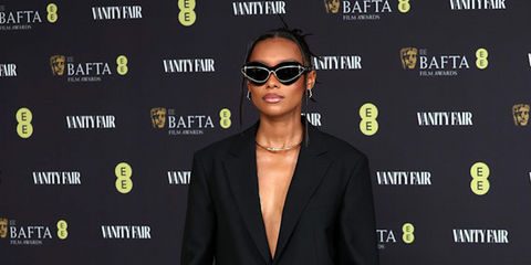 Sophie Wilde wears Loewe Double Frame LW40119I 01A sunglasses to the Vanity Fair EE BAFTA Rising Star Party in London